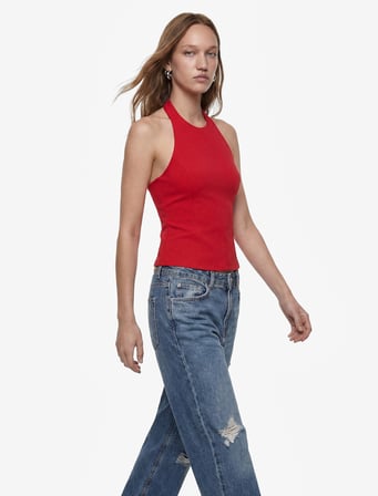 Slim Fit Bel Vurgulu Halter Yaka Kolsuz Peplum Bluz