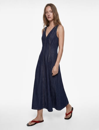 Dikiş Detaylı Volanlı Rahat Kalıp V Yaka Kolsuz Uzun Denim Elbise