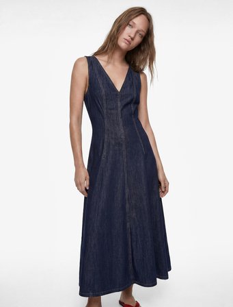 Dikiş Detaylı Volanlı Rahat Kalıp V Yaka Kolsuz Uzun Denim Elbise
