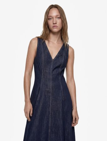 Dikiş Detaylı Volanlı Rahat Kalıp V Yaka Kolsuz Uzun Denim Elbise