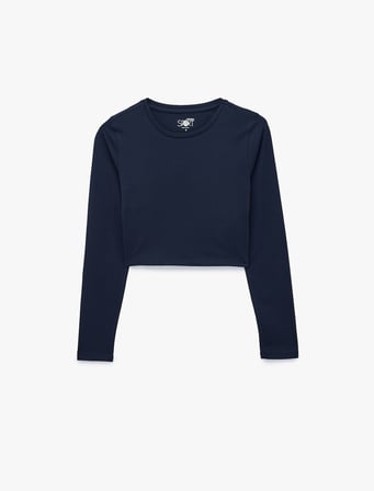 Pamuklu Bisiklet Yaka Uzun Kollu Crop Spor Tişört