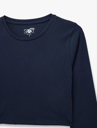 Pamuklu Bisiklet Yaka Uzun Kollu Crop Spor Tişört