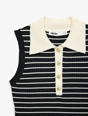 Renk Kontrastlı Düğmeli Çizgili Kolsuz Polo Yaka Triko Bluz