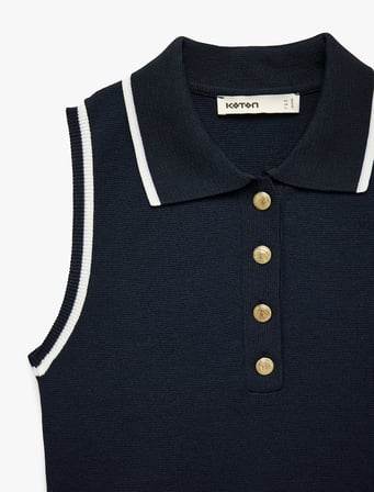Renk Kontrastlı Düğmeli Kolsuz Polo Yaka Triko Bluz