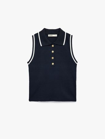 Renk Kontrastlı Düğmeli Kolsuz Polo Yaka Triko Bluz