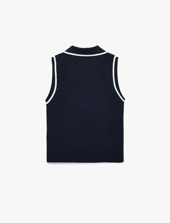Renk Kontrastlı Düğmeli Kolsuz Polo Yaka Triko Bluz