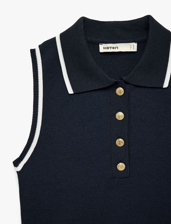 Renk Kontrastlı Düğmeli Kolsuz Polo Yaka Triko Bluz