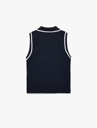 Renk Kontrastlı Düğmeli Kolsuz Polo Yaka Triko Bluz