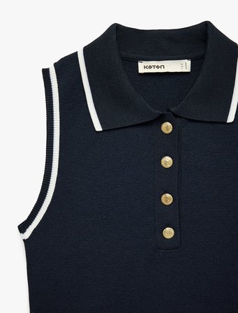 Renk Kontrastlı Düğmeli Kolsuz Polo Yaka Triko Bluz