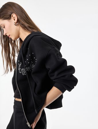 Uzun Kollu Taş Detaylı Şardonlu Kapüşonlu Sweatshirt