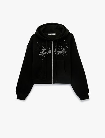 Uzun Kollu Taş Detaylı Şardonlu Kapüşonlu Sweatshirt