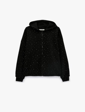 Üç İplik Şardonlu Uzun Kollu Fermuarlı Kapüşonlu Taş Detaylı Sweatshirt