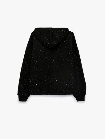 Üç İplik Şardonlu Uzun Kollu Fermuarlı Kapüşonlu Taş Detaylı Sweatshirt