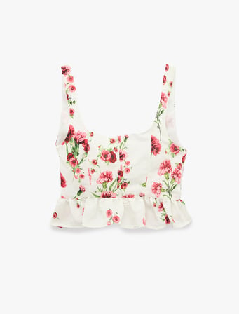 Viskon Kumaş Slim Fit Kare Yaka Kalın Askılı Çiçekli Crop Bluz