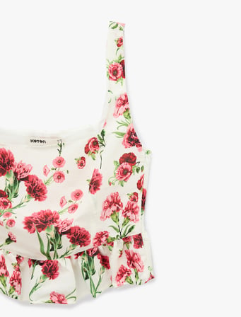 Viskon Kumaş Slim Fit Kare Yaka Kalın Askılı Çiçekli Crop Bluz