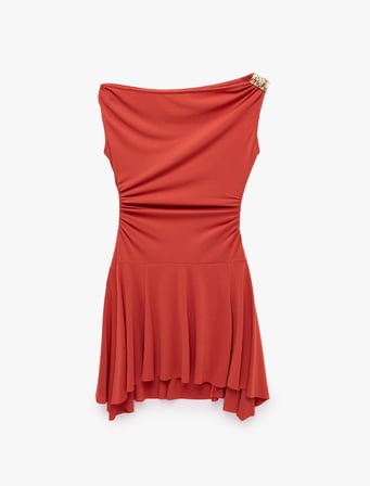 Koton X Melis Ağazat - Slim Fit Aksesuar Detaylı Asimetrik Kesim Tek Omuz Mini Elbise