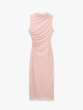 Drapeli Slim Fit Kolsuz Bisiklet Yaka Puantiyeli Uzun Elbise