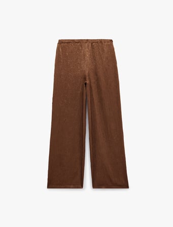 Beli Bağcıklı Yüksek Bel Geniş Paça Saten Pantolon