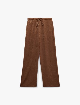 Beli Bağcıklı Yüksek Bel Geniş Paça Saten Pantolon