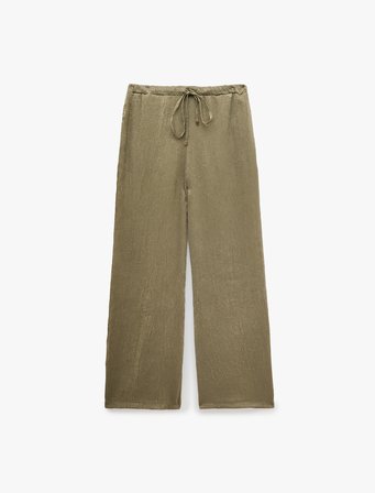 Beli Bağcıklı Yüksek Bel Geniş Paça Saten Pantolon