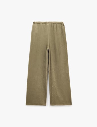 Beli Bağcıklı Yüksek Bel Geniş Paça Saten Pantolon