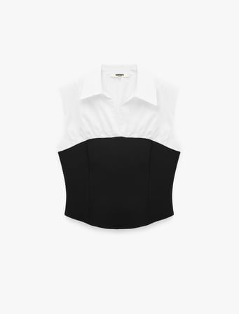 Slim Fit Pamuklu Gömlek Yaka Renk Bloklu Kolsuz Poplin Bluz