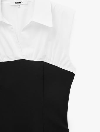 Slim Fit Pamuklu Gömlek Yaka Renk Bloklu Kolsuz Poplin Bluz
