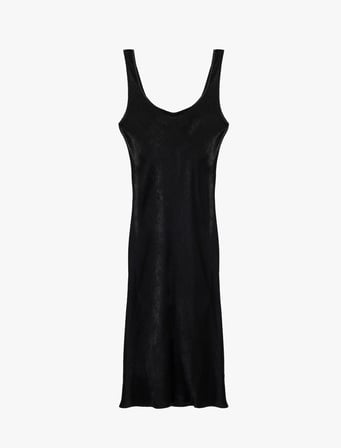 Slim Fit U Yaka Kalın Askılı Kloş Midi Boy Dokulu Saten Kloş Elbise