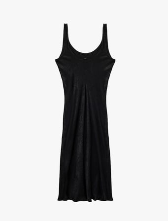 Slim Fit U Yaka Kalın Askılı Kloş Midi Boy Dokulu Saten Kloş Elbise