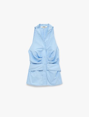 Slim Fit Pamuklu Arkadan Bağlama Detaylı V Yaka Düğmeli Poplin Kolsuz Gömlek
