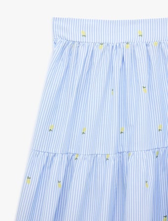 Koton X Sibil Çetinkaya -  Kat Kat Kloş Kesim Limon İşleme Detaylı Uzun Çizgili Poplin Etek