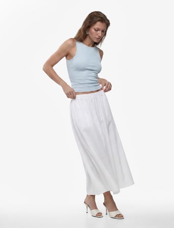 Keten Görünümlü Beli Lastikli Loose Fit Kloş Etek