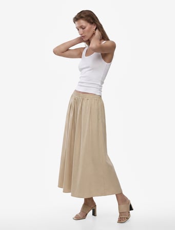 Keten Görünümlü Beli Lastikli Loose Fit Kloş Etek
