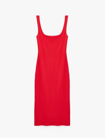 Pamuklu U Yaka Slim Fit Yırtmaçlı Kalın Askılı Bandaj Elbise