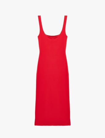 Pamuklu U Yaka Slim Fit Yırtmaçlı Kalın Askılı Bandaj Elbise