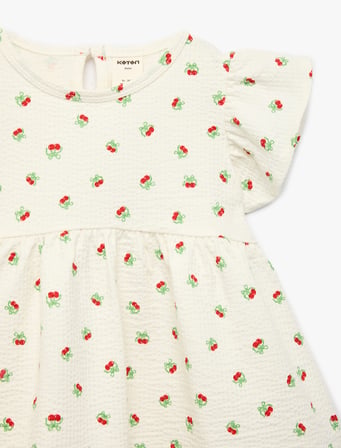 Kiraz Desenli Kısa Kollu Bisiklet Yaka Pamuklu Elbise