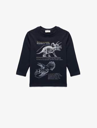 Pamuklu Uzun Kollu Bisiklet Yaka Dinozor Baskılı Tişört