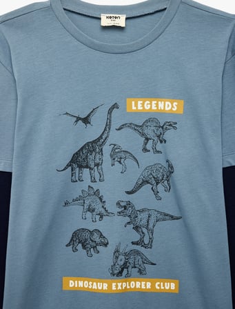 Dinozor Baskılı 2in1 Pamuklu Bisiklet Yaka Uzun Kollu Tişört