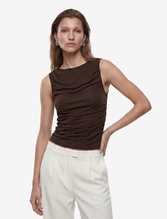 Skinny Fit Bisiklet Yaka Drapeli Kolsuz Tül Bluz