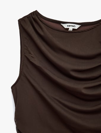 Skinny Fit Bisiklet Yaka Drapeli Kolsuz Tül Bluz