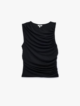 Skinny Fit Bisiklet Yaka Drapeli Kolsuz Tül Bluz
