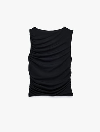 Skinny Fit Bisiklet Yaka Drapeli Kolsuz Tül Bluz