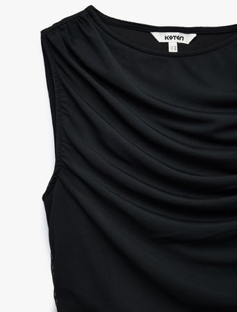 Skinny Fit Bisiklet Yaka Drapeli Kolsuz Tül Bluz