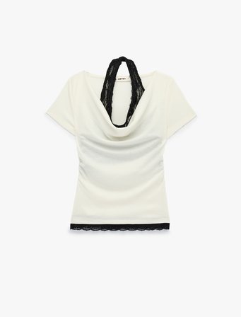 Slim Fit Kısa Kollu Dantel Detaylı Atletli İkili Kayık Yaka Tişört
