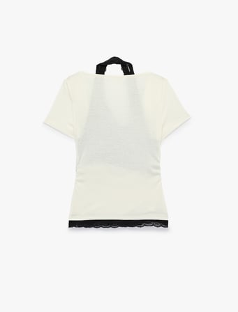 Slim Fit Kısa Kollu Dantel Detaylı Atletli İkili Kayık Yaka Tişört