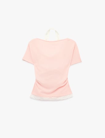 Slim Fit Kısa Kollu Dantel Detaylı Atletli İkili Kayık Yaka Tişört
