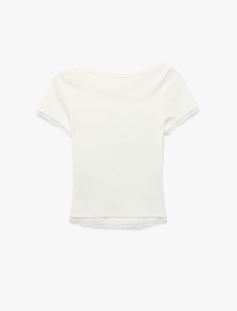 Pamuklu Slim Fit Dantel Detaylı Kısa Kollu Kayık Yaka Tişört