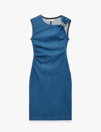 Metal Aksesuarlı Kolsuz Pamuklu Drapeli Denim Midi Elbise