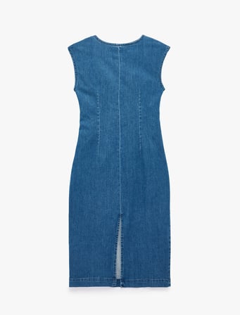 Metal Aksesuarlı Kolsuz Pamuklu Drapeli Denim Midi Elbise