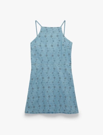 Pamuklu Kolsuz Halter Yaka Brodeli Mini Denim Elbise
